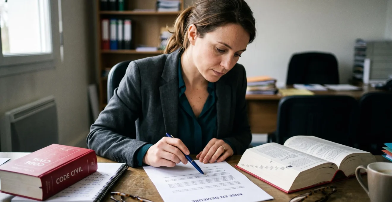 Professionnelle vérifiant les mentions légales d'une mise en demeure avec un Code civil ouvert à côté sur son bureau