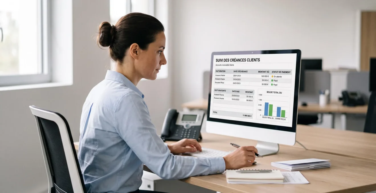 Responsable administrative consultant un tableau de bord de suivi des créances impayées sur son écran d'ordinateur dans un bureau professionnel moderne