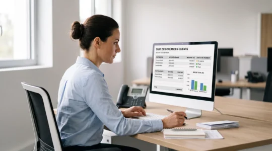 Responsable administrative consultant un tableau de bord de suivi des créances impayées sur son écran d'ordinateur dans un bureau professionnel moderne