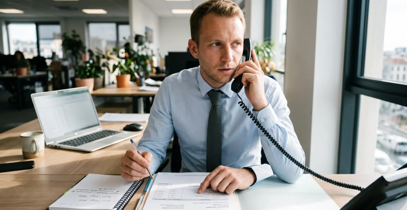Responsable de recouvrement effectuant une relance téléphonique client avec dossier de factures ouvert devant lui